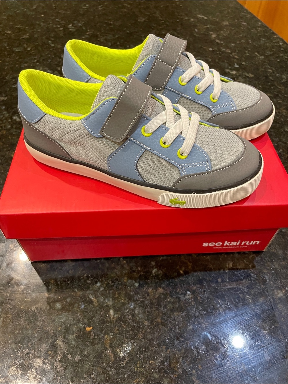See Kai Run Grey, Light Blue & Neon Lime Kids Sneaker